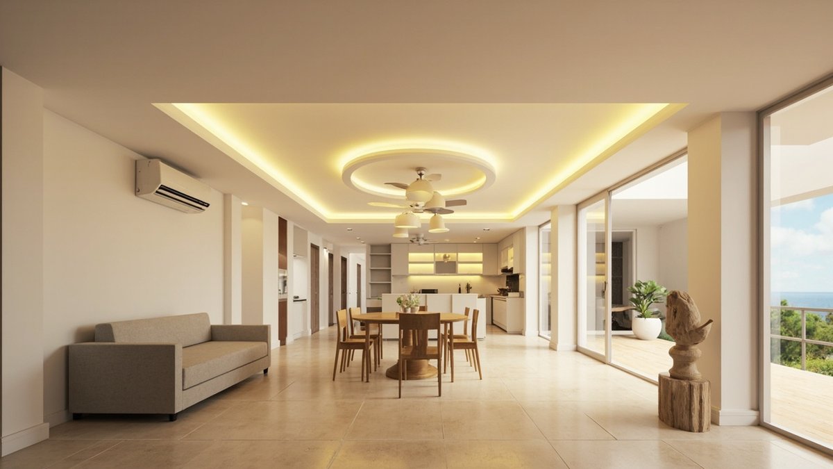 Illustrative concept design: rectangular cove ceiling over the hall and a round cove ring over the dining table