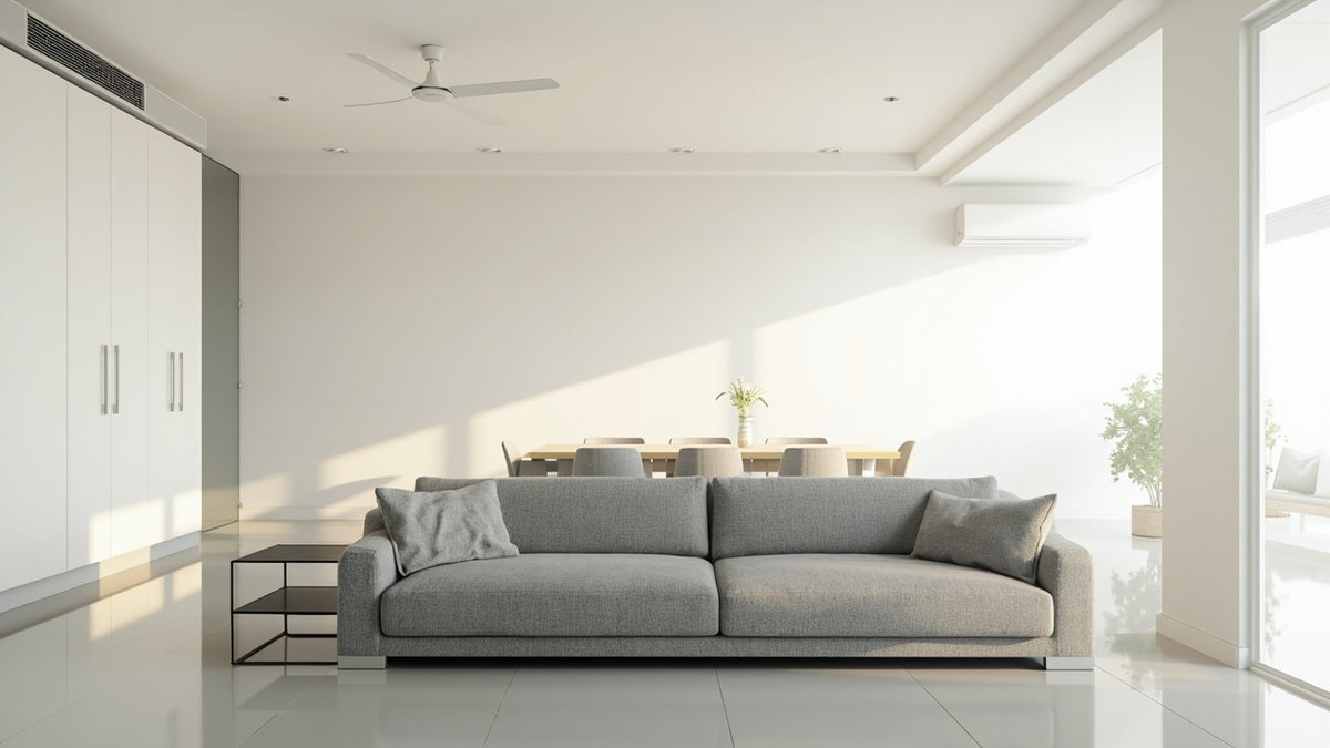 Illustrative concept design: grey sofa with its back to the dining table as the zone divider
