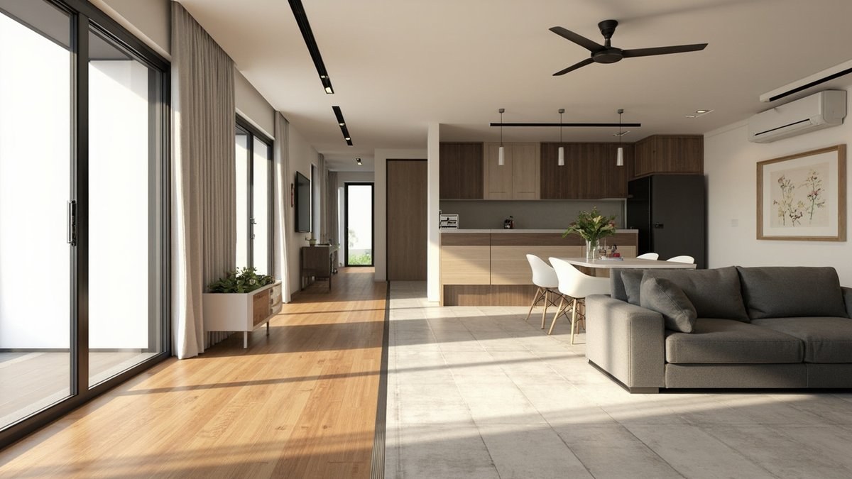 Illustrative concept design: wood-look planks meeting stone-look tiles at a straight strip between zones