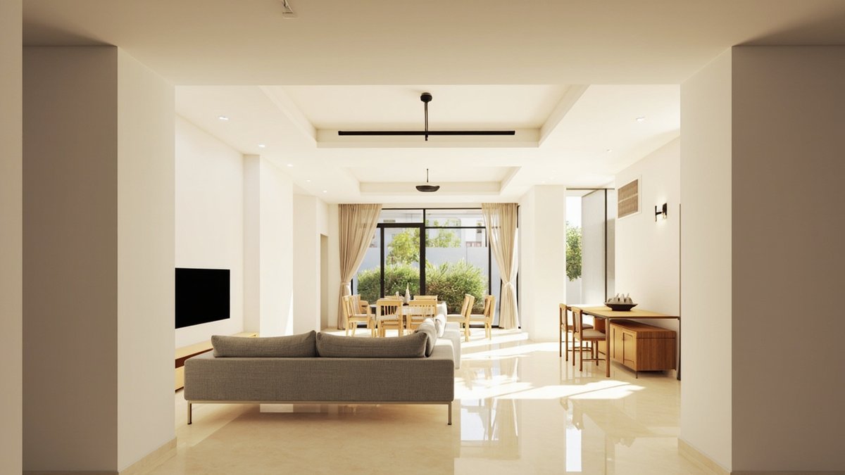 Illustrative concept design: open living and dining hall with a grey sofa in front and a dining table under a recessed ceiling