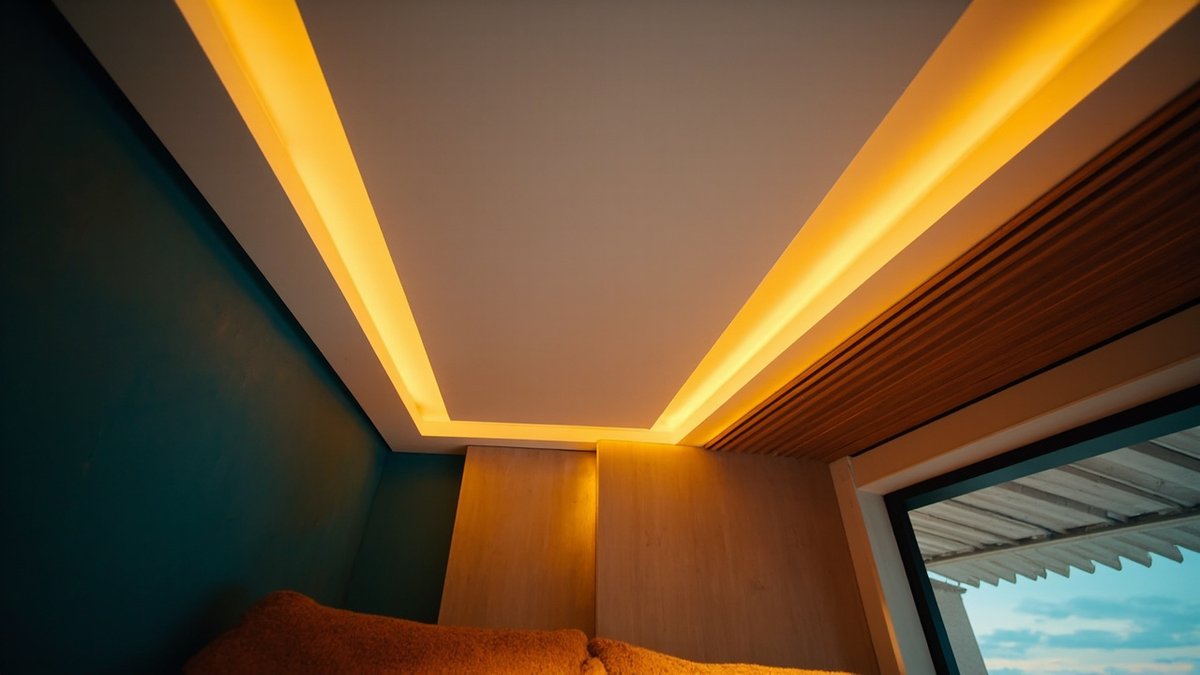 Looking up at a living room island ceiling with an amber cove glow above an orange sofa