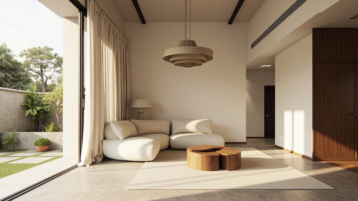 Illustrative concept design: high-ceilinged bungalow living room with tall linen curtains, a curved cream boucle sofa and a tiered drum pendant