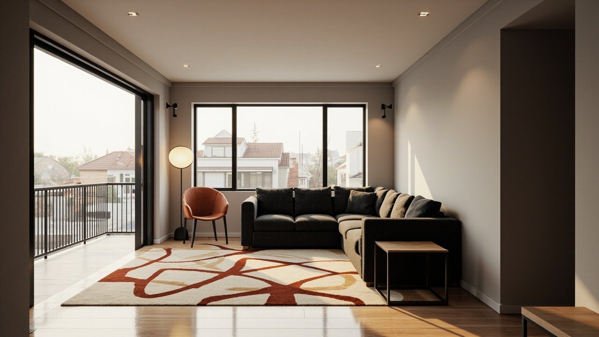 Illustrative concept design: contemporary terrace living room with a charcoal L-shaped sofa, a bold rust-patterned rug and a rust leather chair