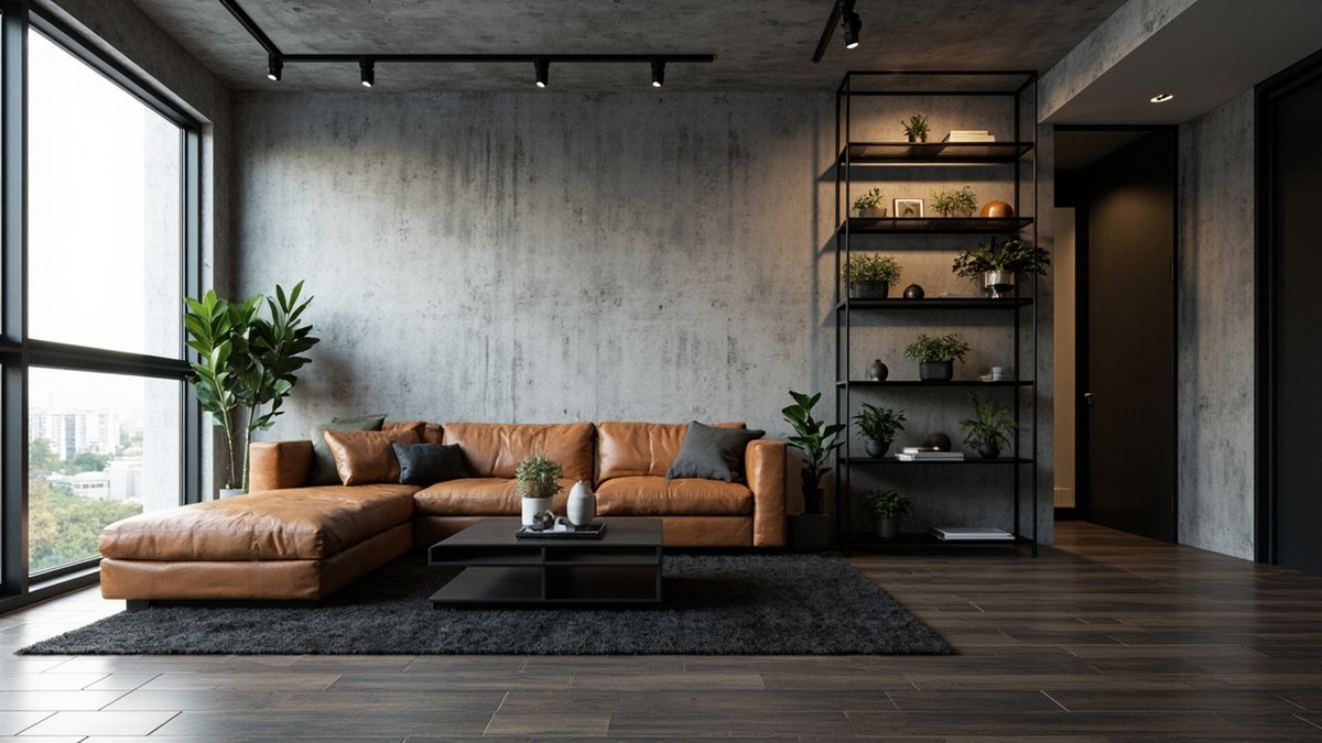 Illustrative concept design: industrial condo living room with raw concrete walls, a tan leather chaise sofa, black track lights and black steel plant shelving