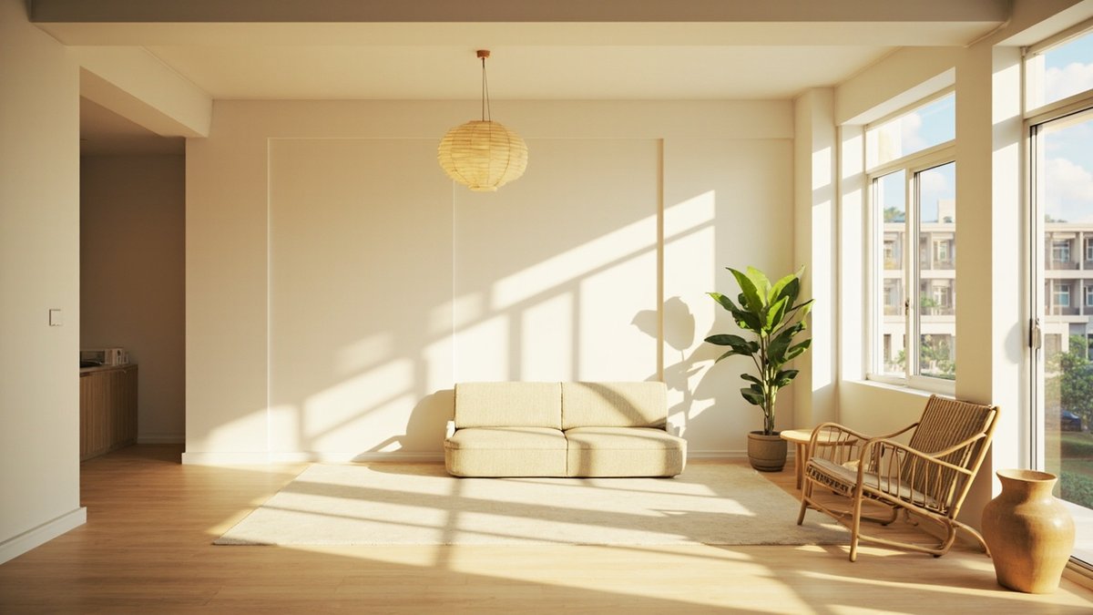 Illustrative concept design: Japandi condo living room with a cream linen sofa, paper lantern pendant, rattan armchair and a tall plant in afternoon sun