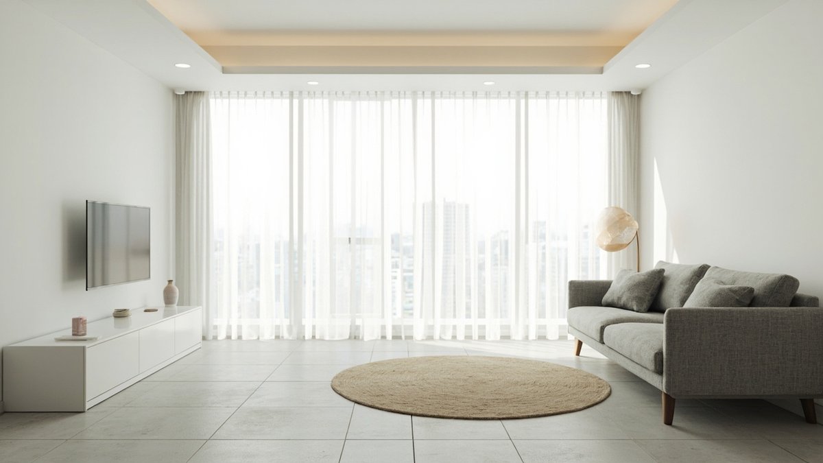 Illustrative concept design: minimalist condo living room with a grey sofa, round jute rug and a long white handle-less low unit by a sheer-curtained window