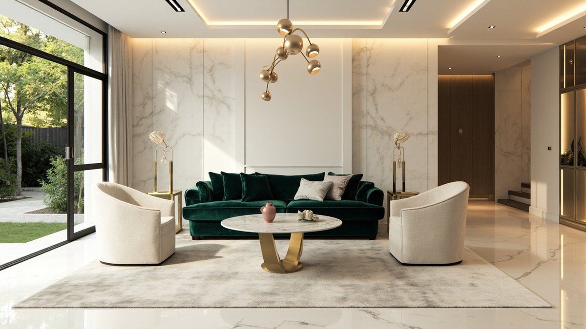 Illustrative concept design: modern luxury semi-D living room with an emerald velvet sofa, cream tub chairs, marble-look walls and a brass globe pendant