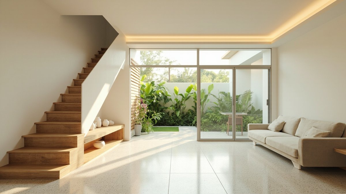 Illustrative concept design: Muji-style terrace living hall with an oak staircase and ceramic niche, a cream sofa and glass doors to a green garden