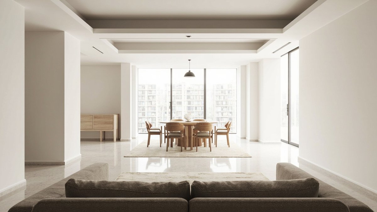 Illustrative concept design: open-plan condo living and dining seen over the sofa backs toward a round timber dining table under a lowered ceiling