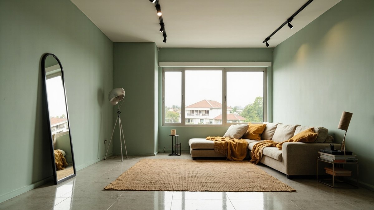 Illustrative concept design: living room refreshed with sage green walls, a black arched floor mirror, a jute rug and mustard throws on a cream sofa
