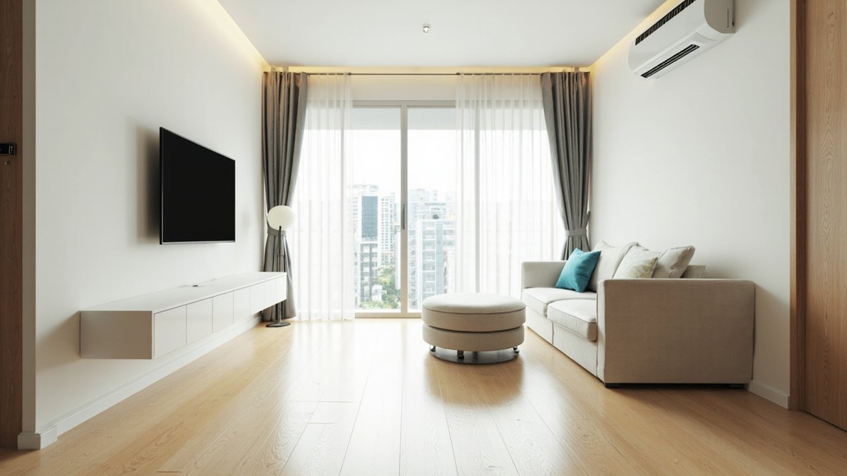 Illustrative concept design: small condo living area with a wall-hung white console under a TV, a round ottoman and a cream sofa by the balcony door