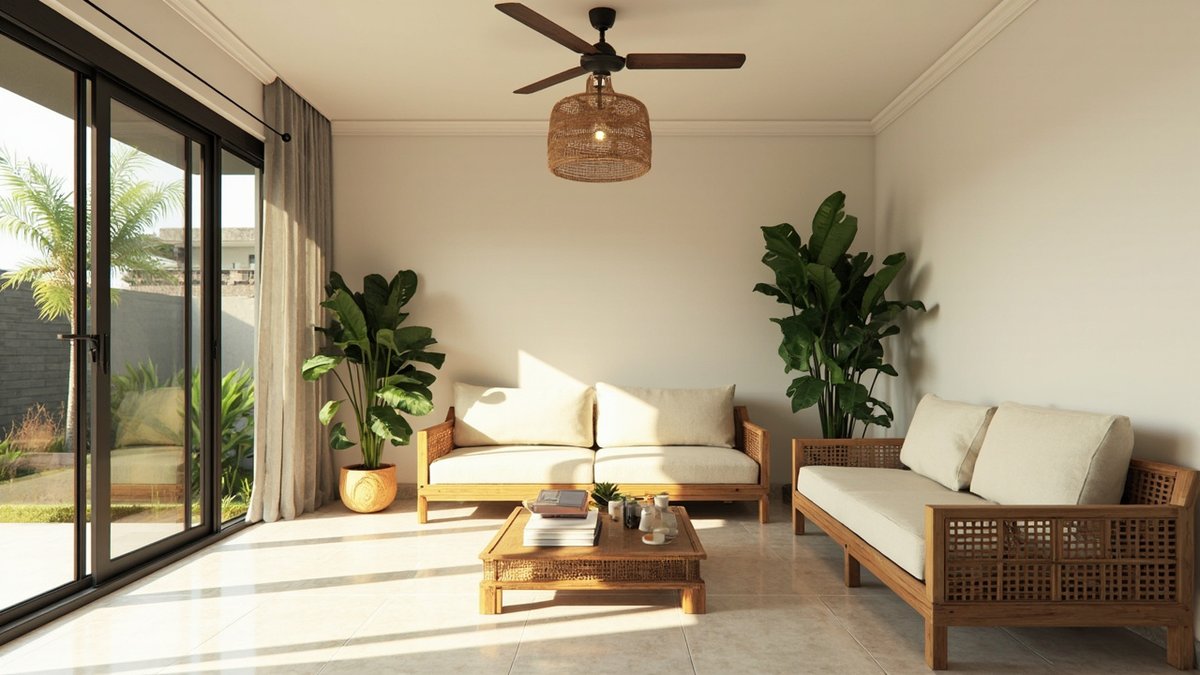 Illustrative concept design: tropical modern semi-D living room with teak lattice sofas, large potted plants and a ceiling fan with a rattan shade