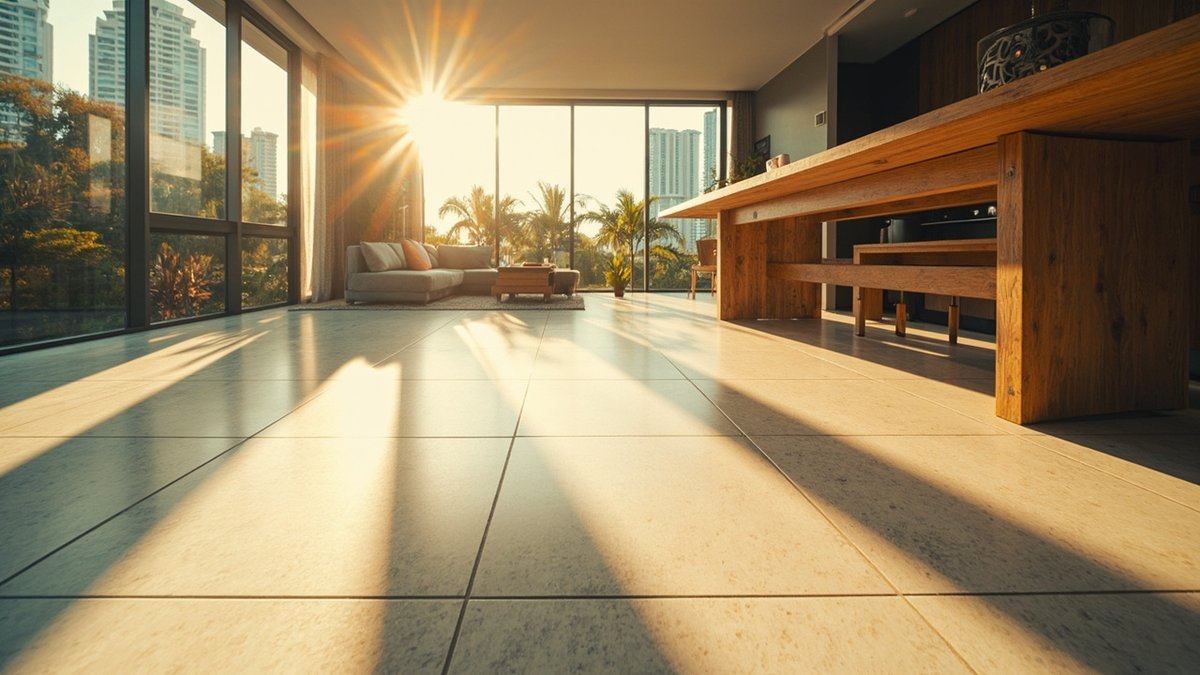 Open-plan living and dining room with large marble-look porcelain floor tiles