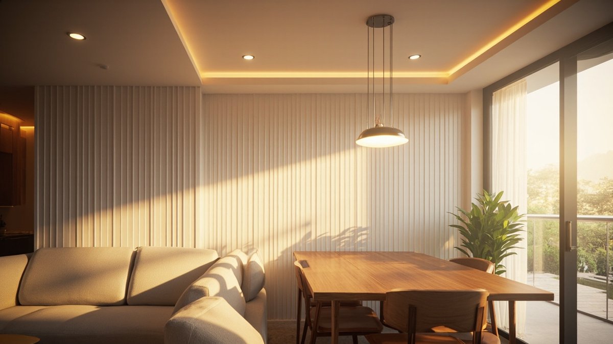 Warm-white fluted sofa wall and half-height panelling on the dining wall of an open-plan condo