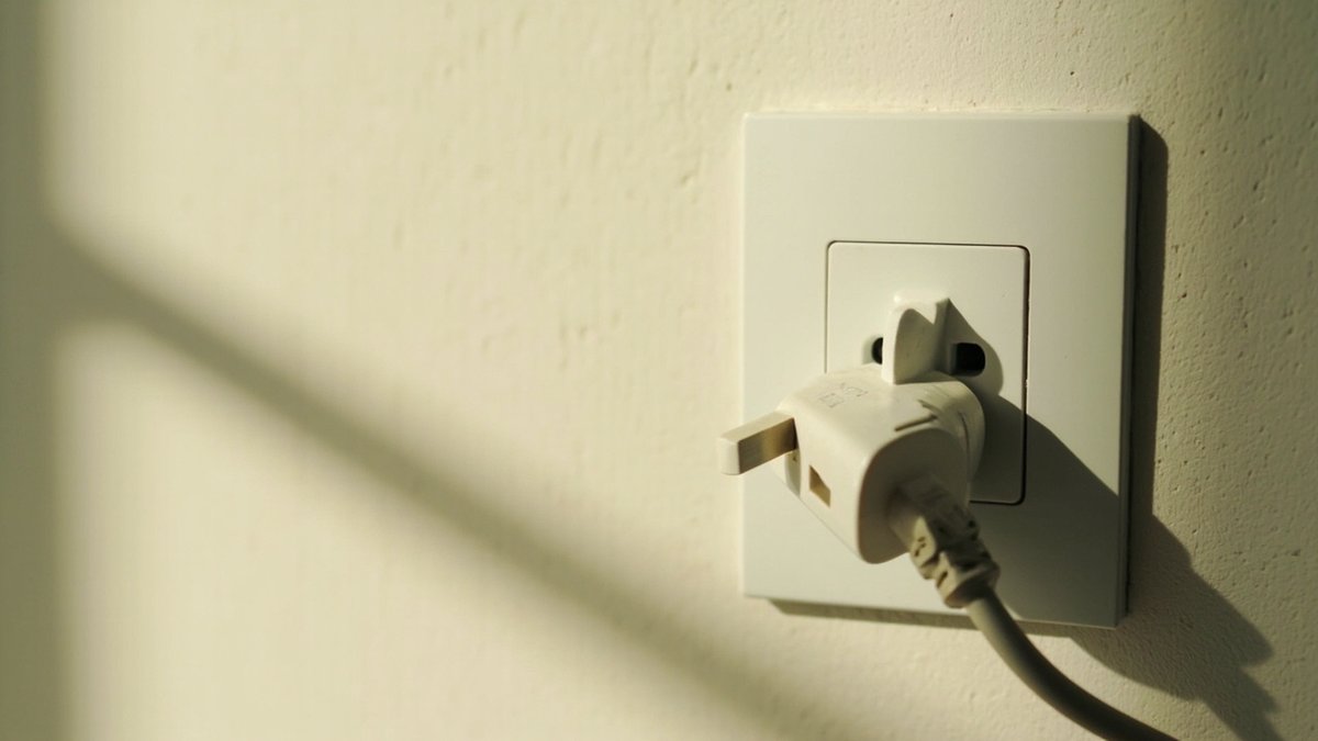 White three-pin wall socket with a plug hanging loosely half out of it