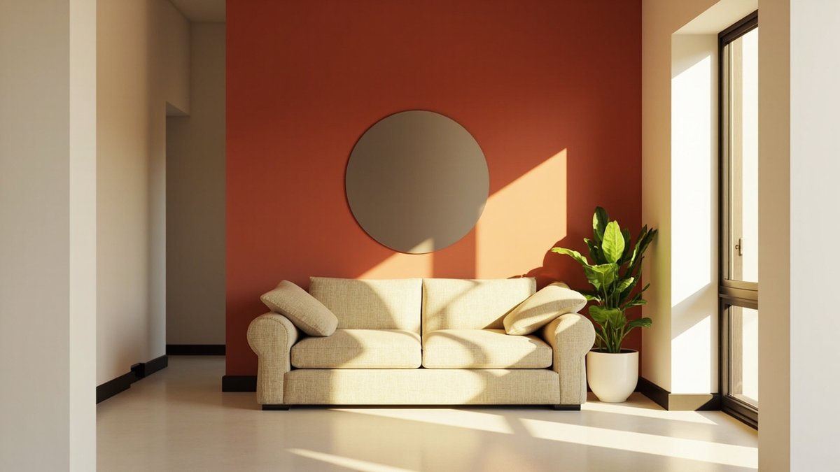 Ilustrasi konsep reka bentuk: dinding tumpuan terracotta di belakang sofa krim dengan cermin bulat