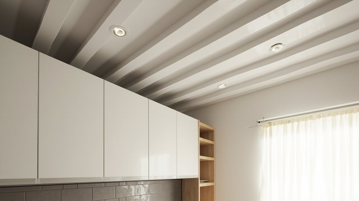 Ilustrasi konsep reka bentuk: siling jalur putih dengan downlight terbenam di atas kabinet dapur putih