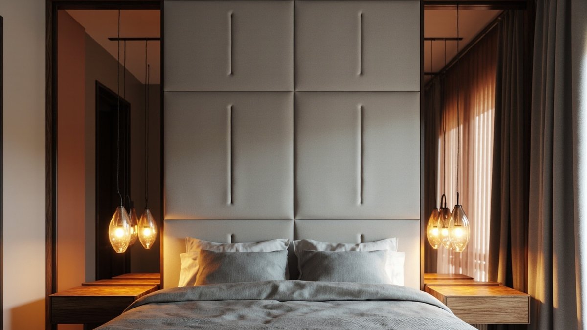 Illustrative concept design: tall framed mirror panels behind each bedside with glass drop pendants and a grey upholstered headboard