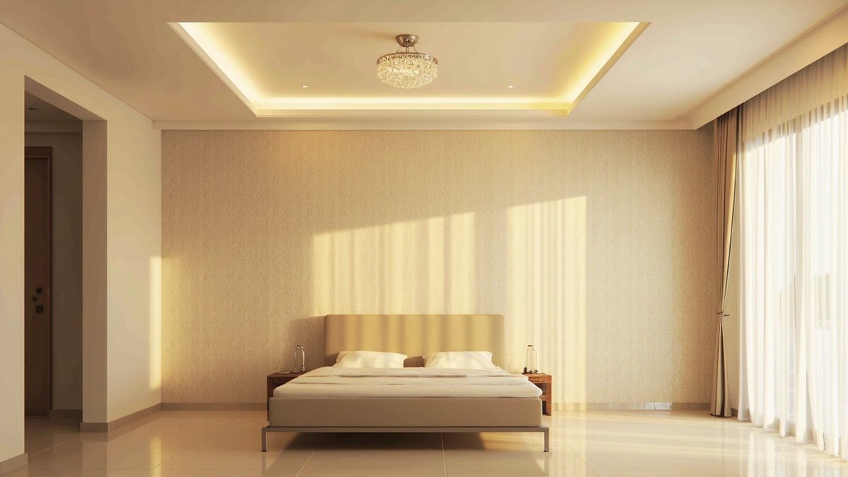 Illustrative concept design: textured champagne wallpaper bed wall under a lit tray ceiling with a small crystal chandelier