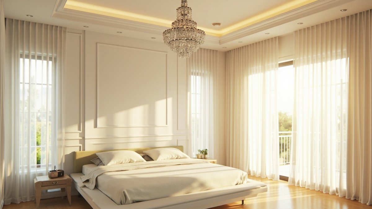 Illustrative concept design: tiered crystal chandelier under a lit tray ceiling above a low bed with panel-moulded white walls