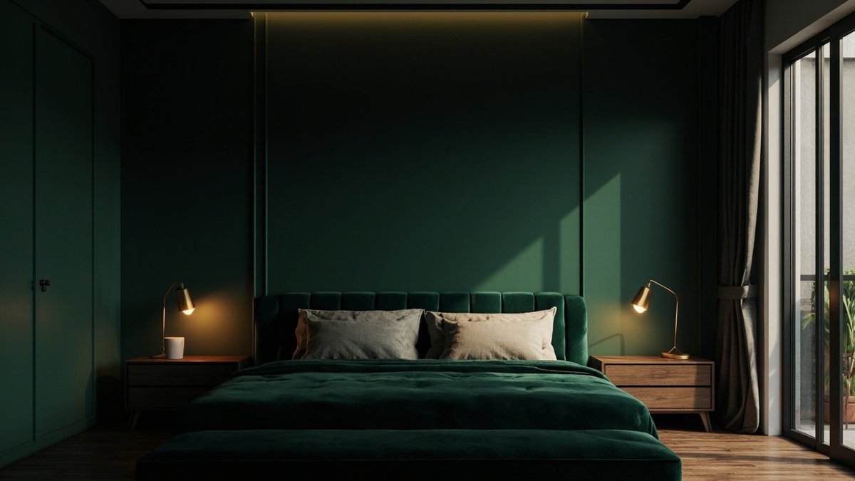 Illustrative concept design: deep green walls with a green velvet channel-tufted bed, walnut bedsides and brass lamps