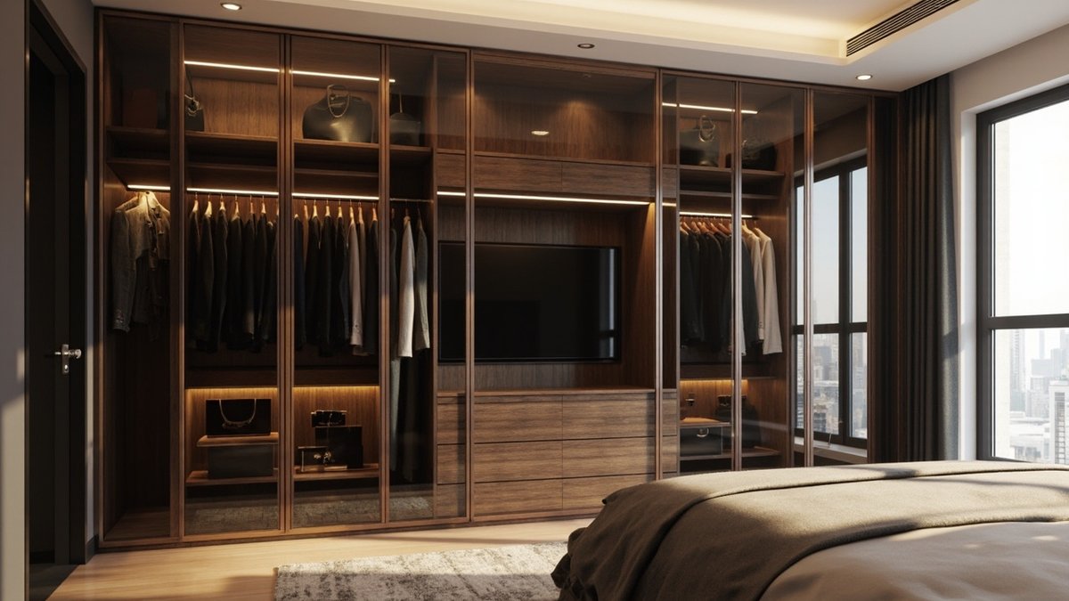 Illustrative concept design: walnut wardrobe wall with glass doors and warm strip lights over hanging clothes and bags