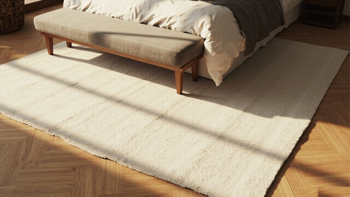 Illustrative concept design: warm oak herringbone floor with a large ivory wool rug and a taupe bench at the foot of the bed