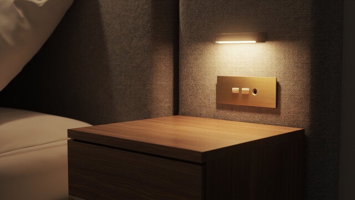Illustrative concept design: brushed brass switch plate set into a grey upholstered headboard with a linear reading light above