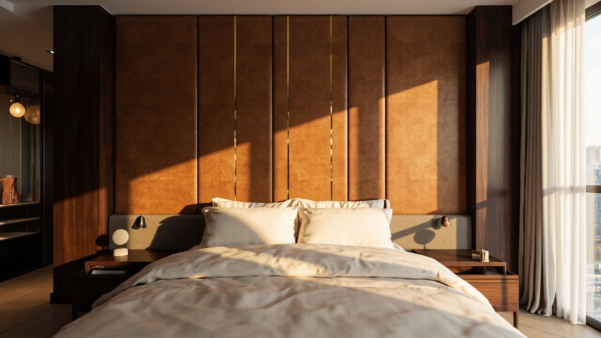 Illustrative concept design: cognac leather-look vertical panels with thin brass lines above a grey headboard and walnut bedsides