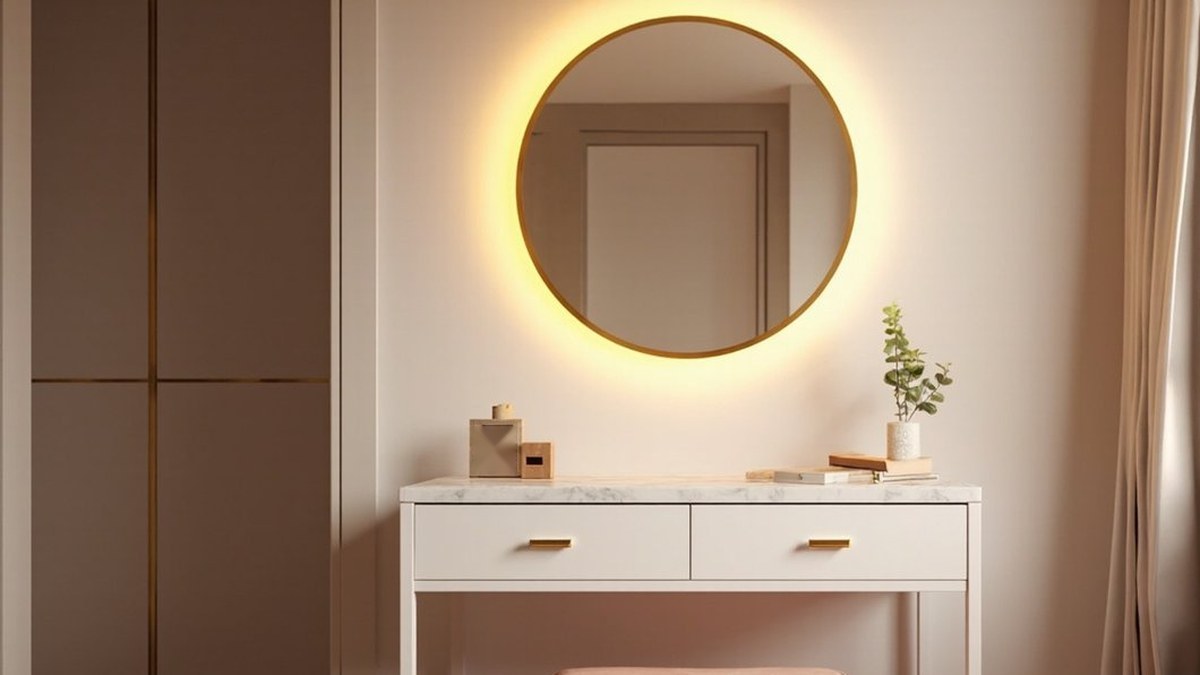 Illustrative concept design: white dressing table with a marble-look top under a round backlit gold-rimmed mirror and a blush stool