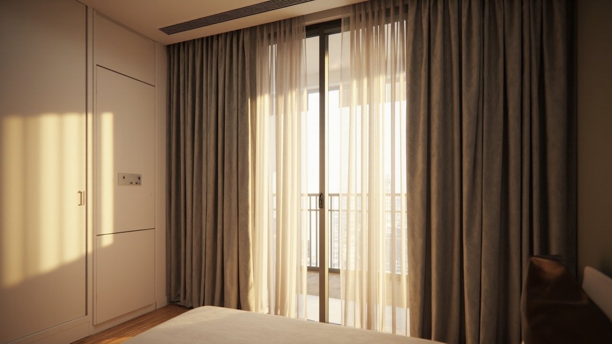 Illustrative concept design: taupe blackout and ivory sheer curtains hung from the ceiling along a balcony door