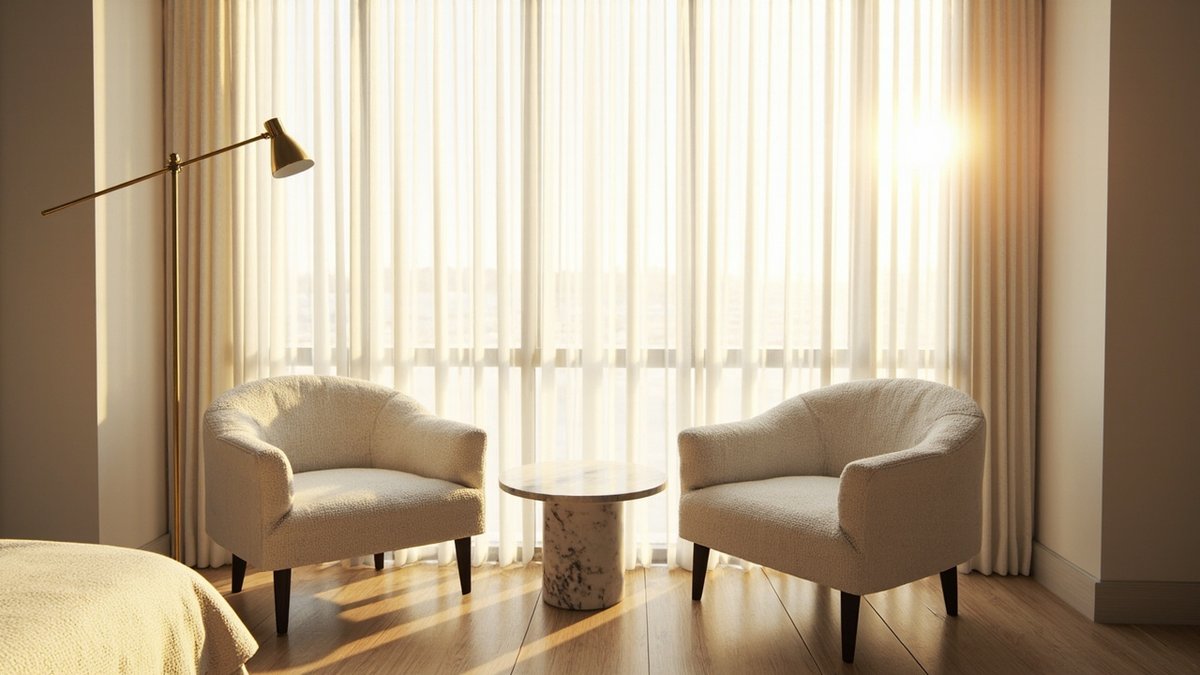 Illustrative concept design: two cream boucle armchairs and a round marble side table by a sheer-curtained window