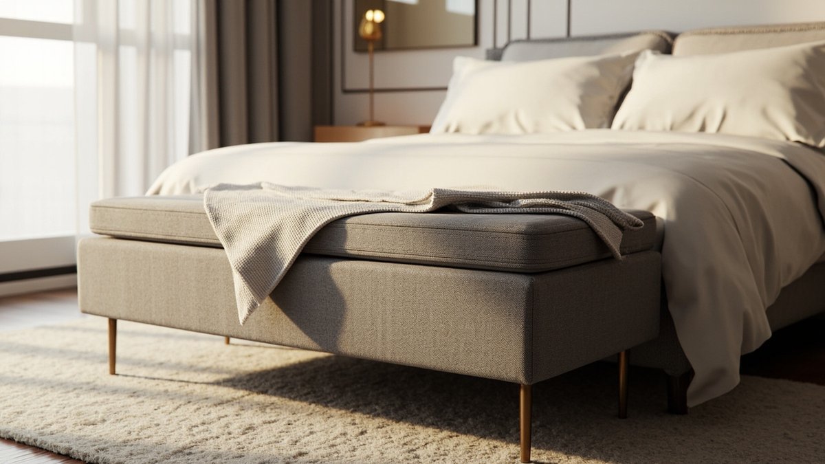 Illustrative concept design: taupe upholstered ottoman on slim brass legs at the foot of the bed with a knitted throw