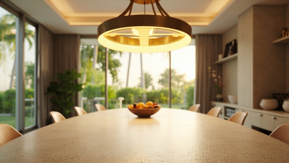 Illustrative concept design: brass ring chandelier over a long cream stone dining table with one fruit bowl and glass doors to a garden