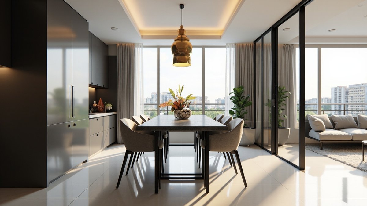 Illustrative concept design: condo dining table with a dark stone top, light grey chairs and a brass pendant, open through a glass partition to the living room