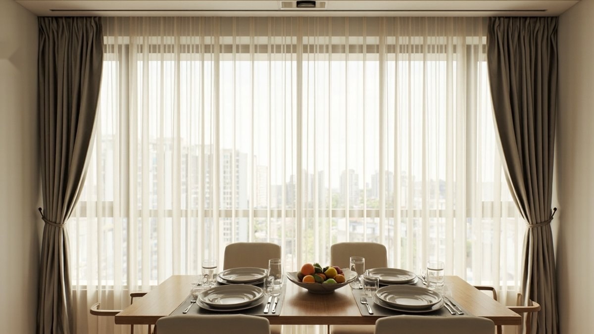 Illustrative concept design: oak dining table set for four in front of floor-to-ceiling ivory sheer curtains with taupe side curtains tied back