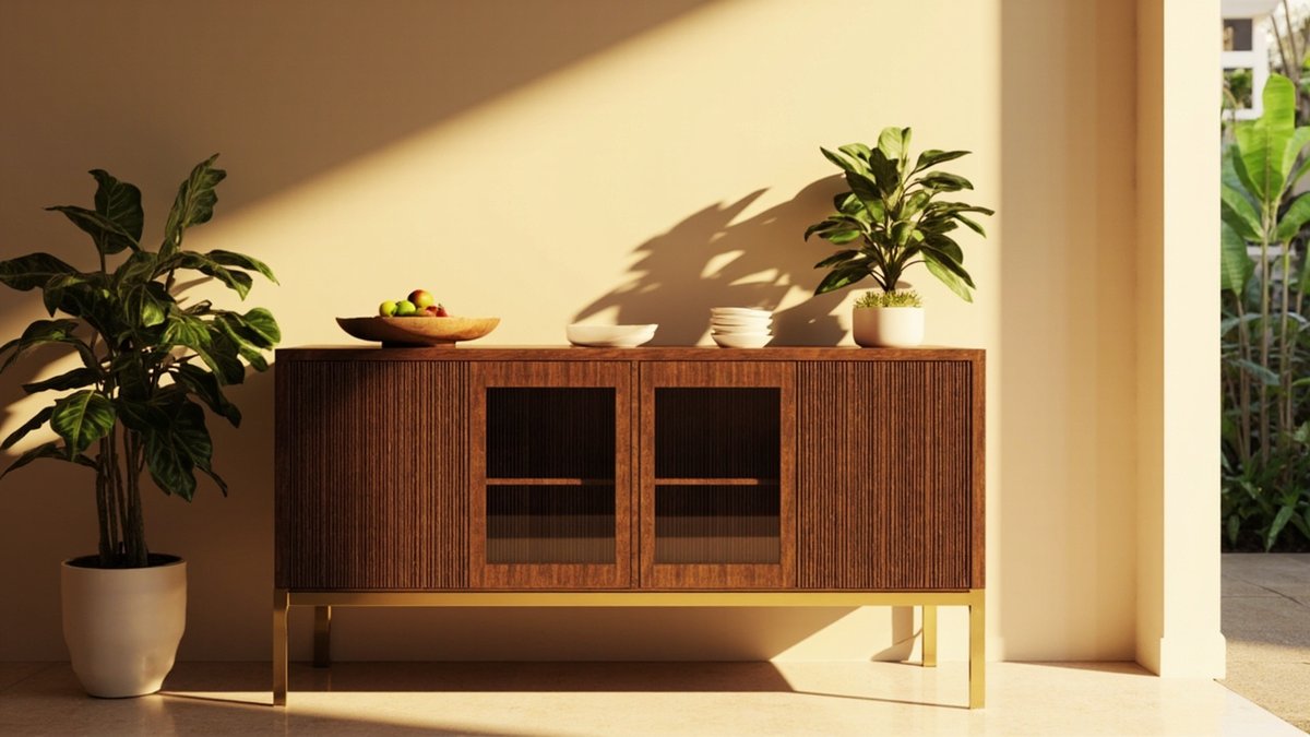 Illustrative concept design: walnut fluted sideboard with glass doors on slim brass legs against a warm cream wall