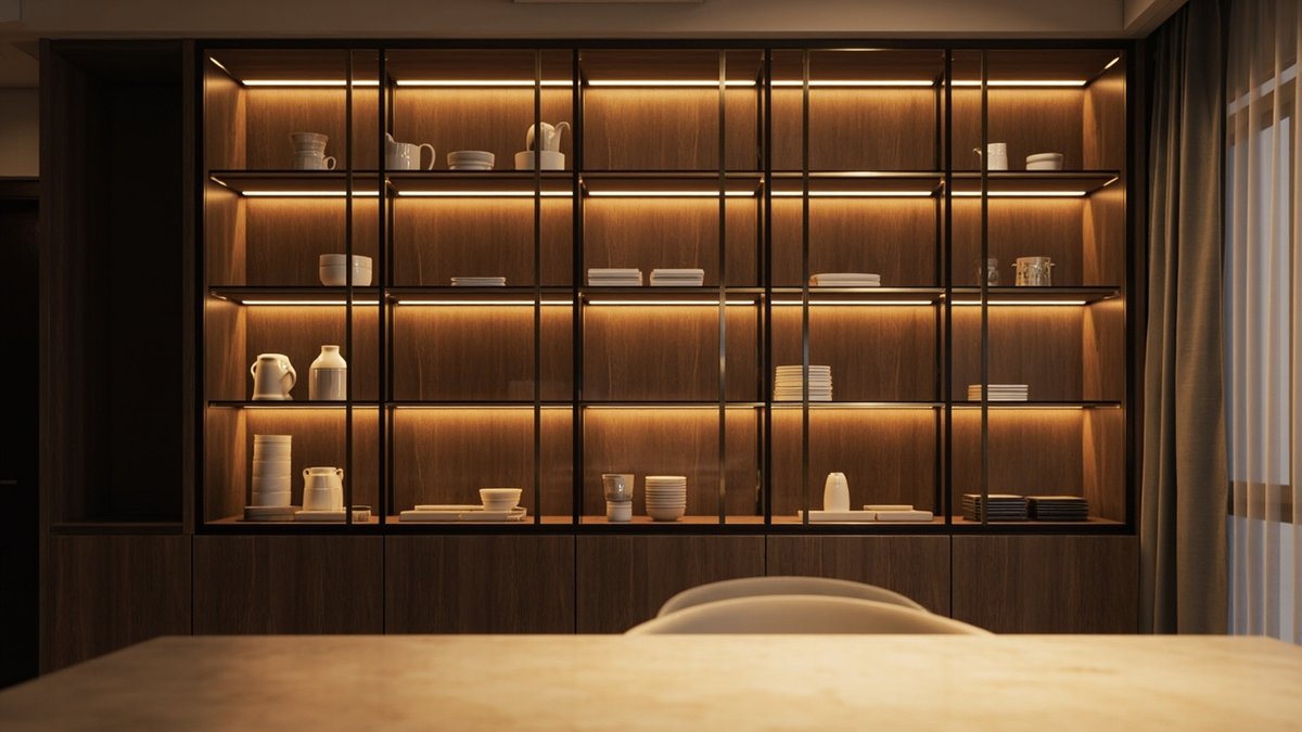 Illustrative concept design: built-in dining display cabinet with slim bronze frames, lit glass shelves and white porcelain tableware on a dark walnut back