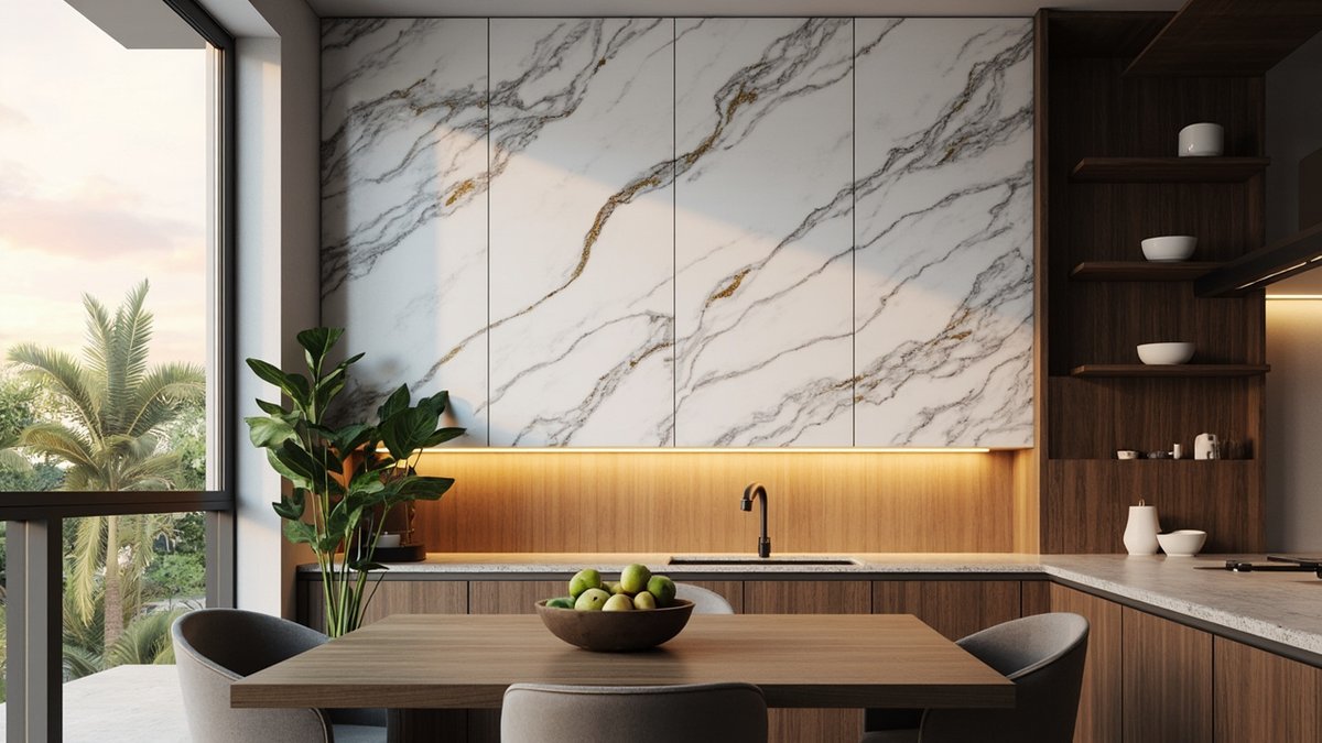 Illustrative concept design: large white marble-look wall panels with grey and gold veins above a lit walnut backsplash, with a walnut dining table in front