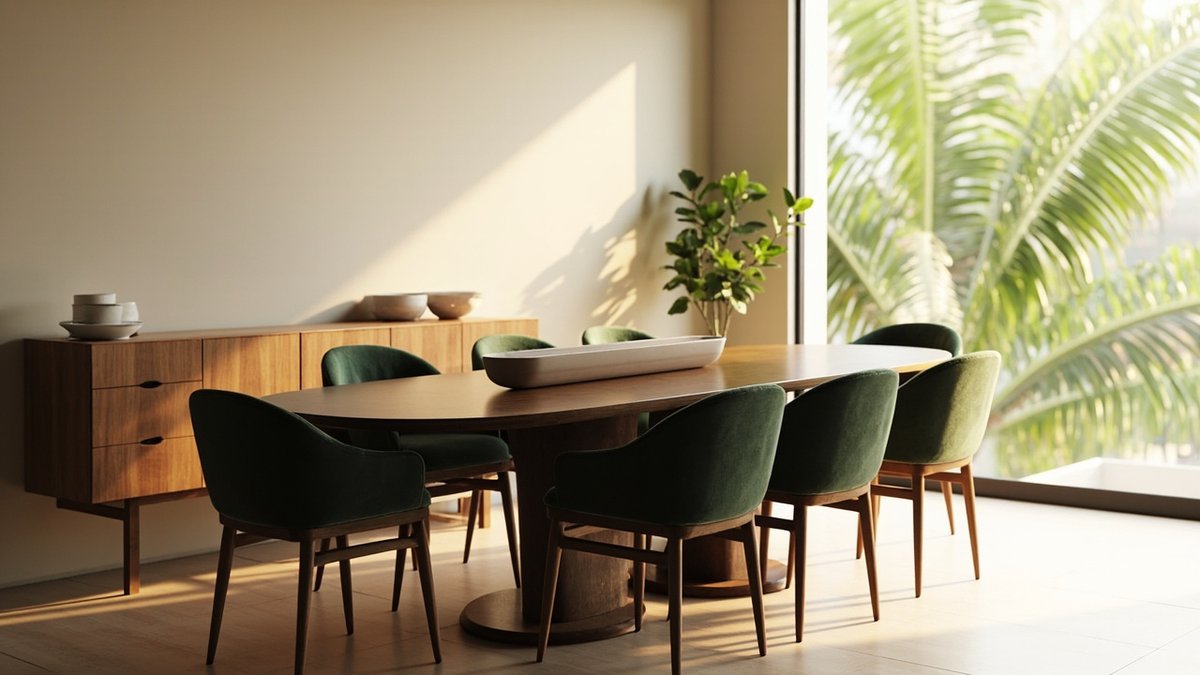 Illustrative concept design: oval walnut dining table on drum bases with deep green velvet chairs, a long white bowl and a walnut sideboard
