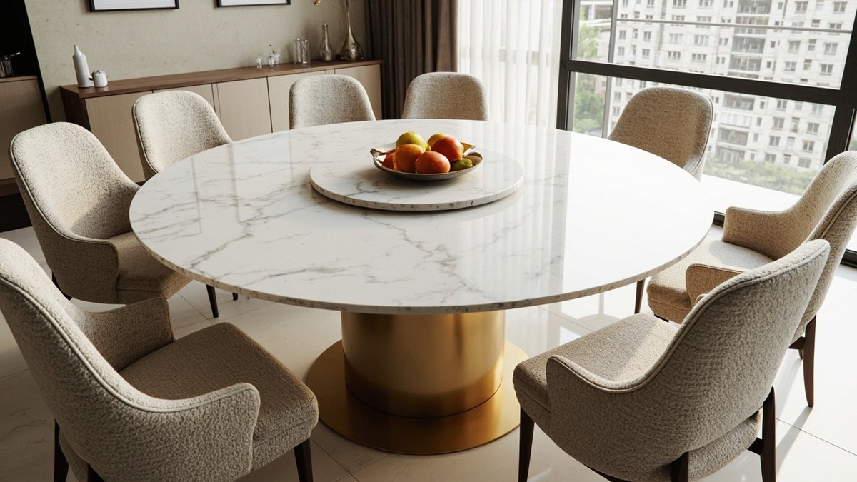 Illustrative concept design: round white marble-look dining table with a stone lazy susan on a brass drum base, surrounded by cream boucle upholstered chairs