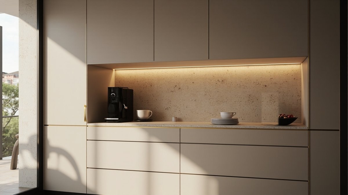 Illustrative concept design: tall taupe built-in sideboard with a lit cream stone coffee niche, closed upper cabinets and wide drawers below