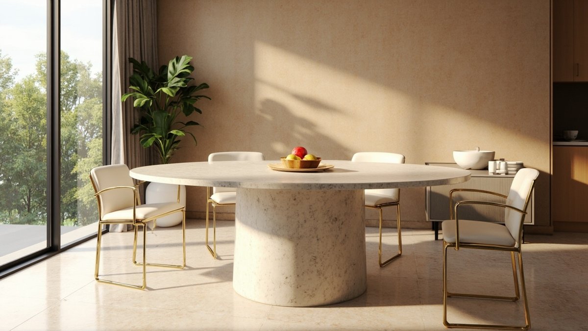 Illustrative concept design: round travertine-look pedestal dining table with cream chairs on slim brass frames against a warm textured wall