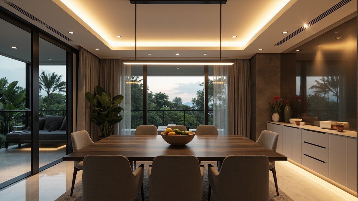 Illustrative concept design: dark wood dining table and beige chairs under a recessed tray ceiling with a warm cove and a slim black linear pendant
