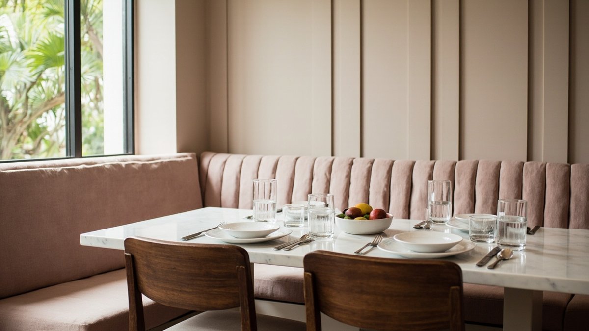 Illustrative concept design: built-in dusty blush banquette with a channel-tufted back, white marble-look table and two walnut chairs in a dining nook