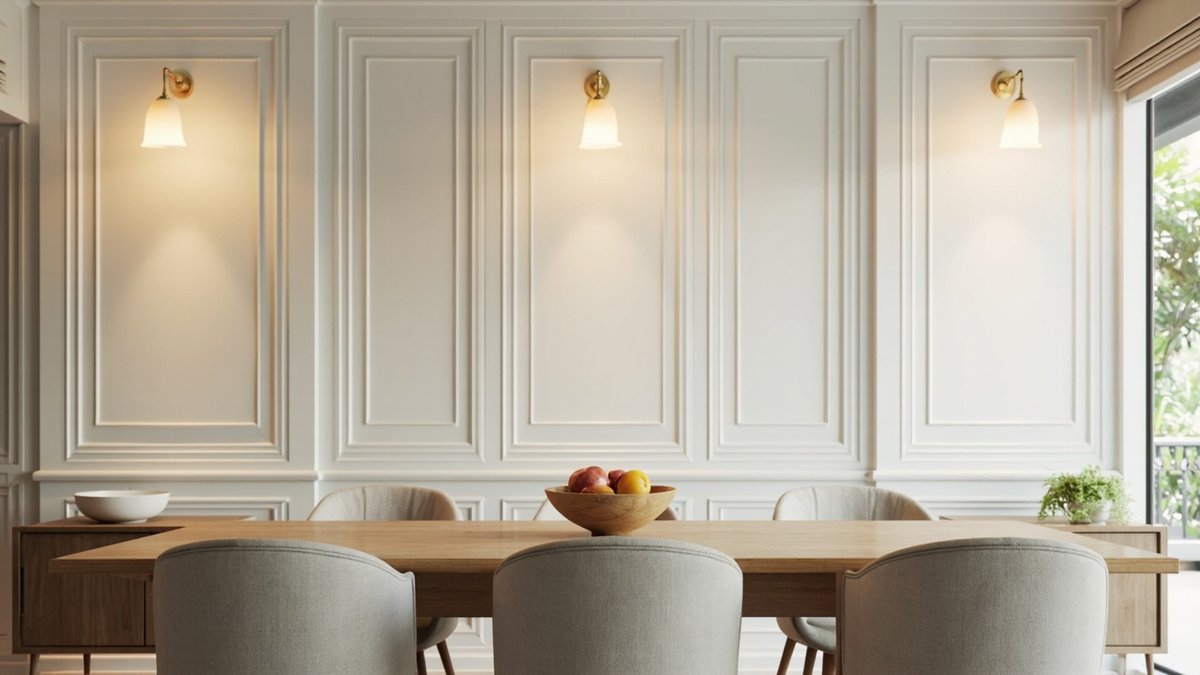 Illustrative concept design: white raised-moulding wainscoting wall with three brass wall lights above a light oak table and pale grey chairs