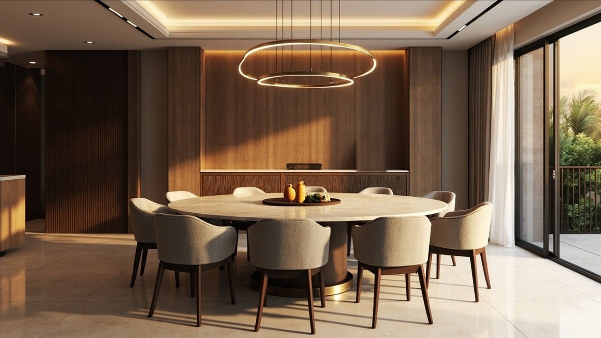 Illustrative concept design: round cream stone dining table for eight with taupe upholstered chairs under a double brass ring pendant, walnut panelled wall and fluted sideboard behind