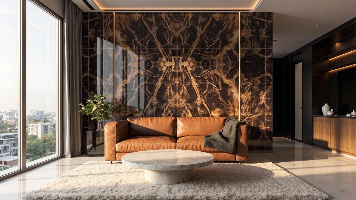Illustrative concept design: luxury condo living room with a black and gold book-matched marble wall and a cognac leather sofa