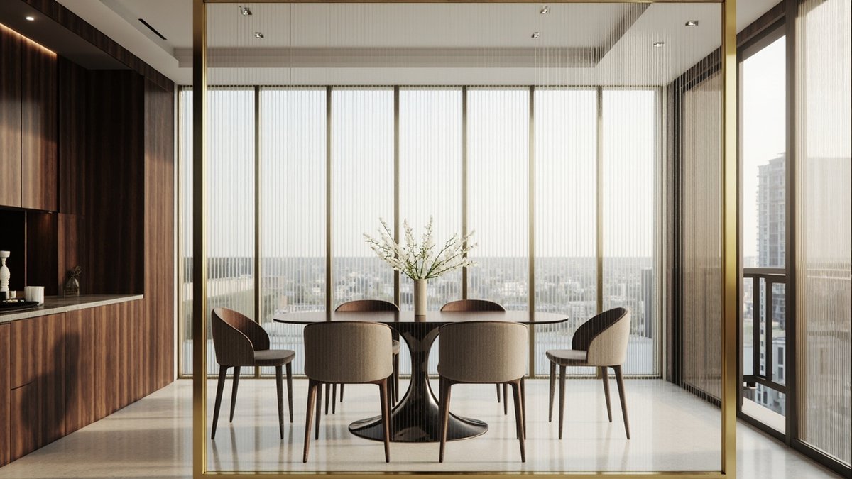 Illustrative concept design: dining area seen through a full-height fluted glass screen in a slim brass frame