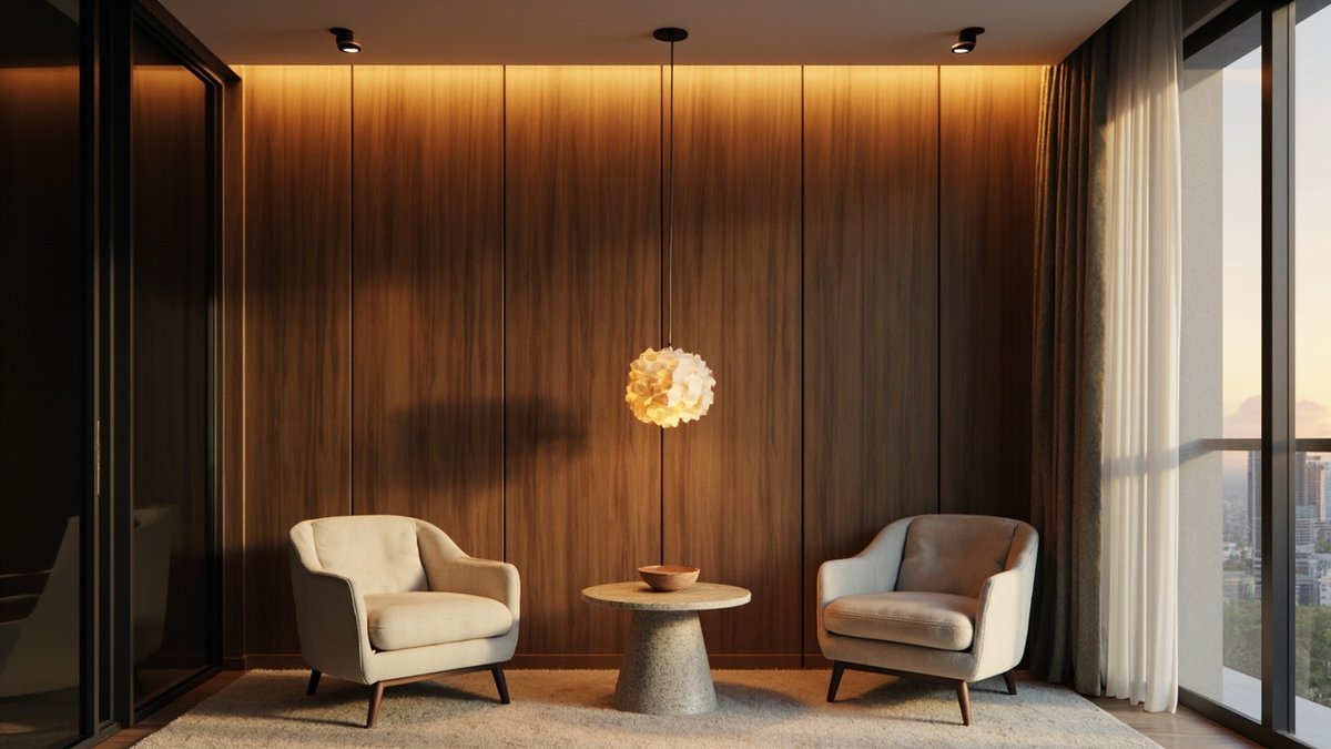 Illustrative concept design: luxury lounge corner at dusk with two cream armchairs, a sculptural pendant and a cove-lit walnut wall